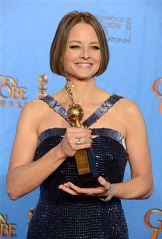 Jodie Foster poses with the Cecile B. DeMille Award for outstanding contribution to the entertainment field backstage at the 70th Annual Golden Globe Awards 
