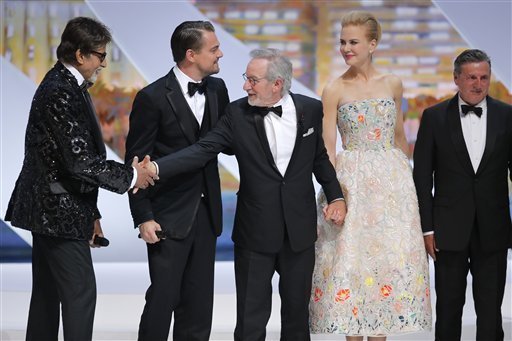 From left, actors Amitabh Bachchan, Leonardo DiCaprio, director and jury president Steven Spielberg, actress Nicole Kidman and actor Daniel Auteuil stand on stage as the jury is presented during the opening ceremony ahead of the screening of The Great Gatsby at the 66th international film festival, in Cannes, southern France, Wednesday, May 15, 2013. (AP Photo/Francois Mori)<br/>
 
